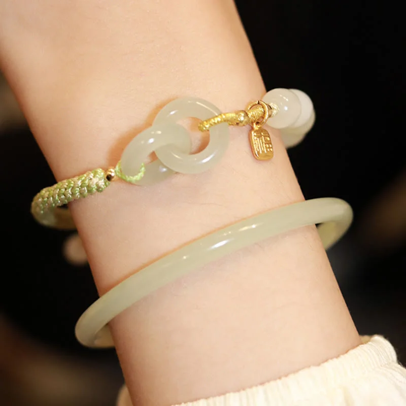 Natural Hetian Jade Bead Double Peace Buckle Fu Character Abundance Braided Bracelet