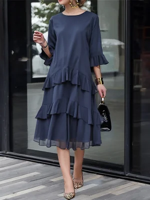 Image of Half Sleeves Loose Layered Ruffle Trim Solid Color Zipper Round-Neck Midi Dresses