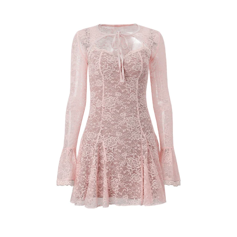 Uveng Uveng 2024 New Fashion Sexy Lace Pink Vest Horn Sleeve Halter Skirt Suit Girl