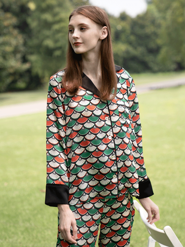 Luxury Japanese Fan Pattern Printed Silk Pajamas Set For Women REAL SILK LIFE