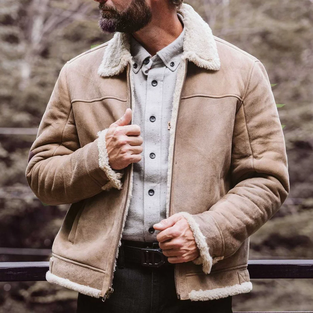Men's Vintage Leather Shearling Fleece Fur Lapel Collar Outdoor Bomber Jacket-inspireuse