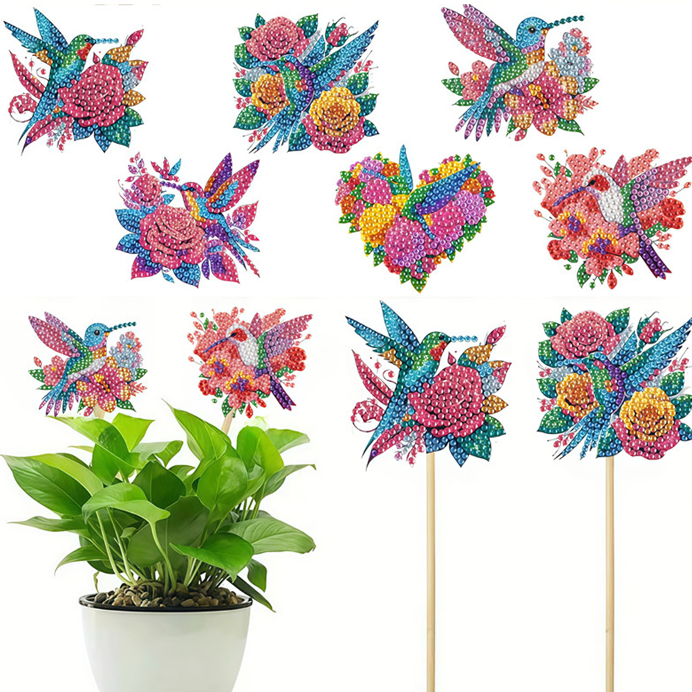 6Pcs Diamond Painting Kits Garden Stakes Diamond Art Kits (Flower Hummingbird)