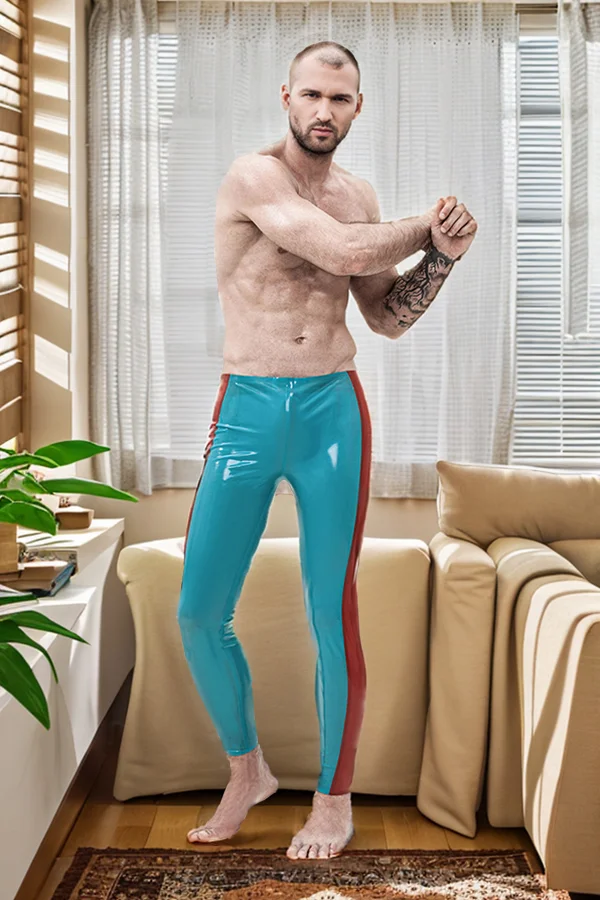 Men Latex Leggings Male Wide-Striped Ankle-Length Leggings Blue Color Leggings (KG31862)