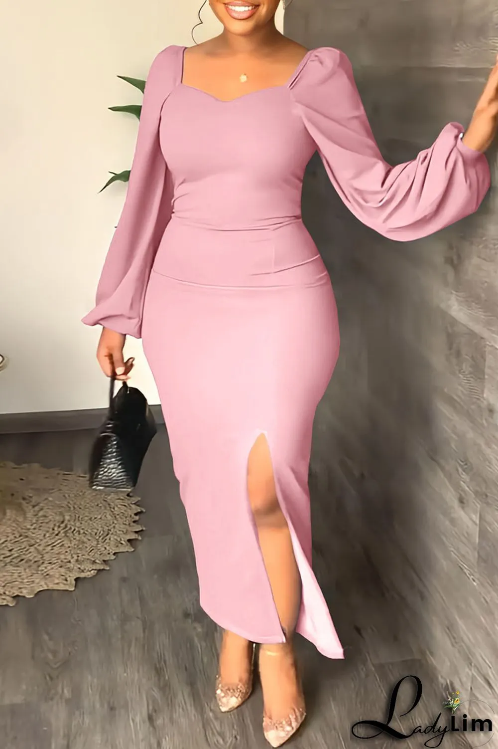 Yellow Fashion Casual Solid Slit Square Collar Long Sleeve Dresses