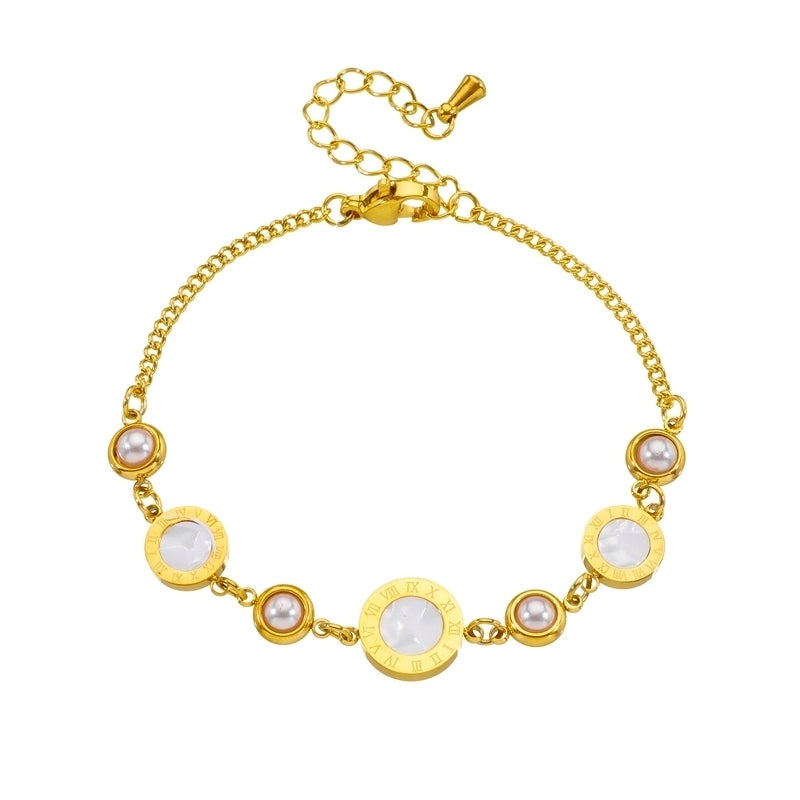 Minimalist Round 304 Stainless Steel 18K Gold Plated Pearl Shell Cuban Link Chain Curb Chain Bracelets In Bulk