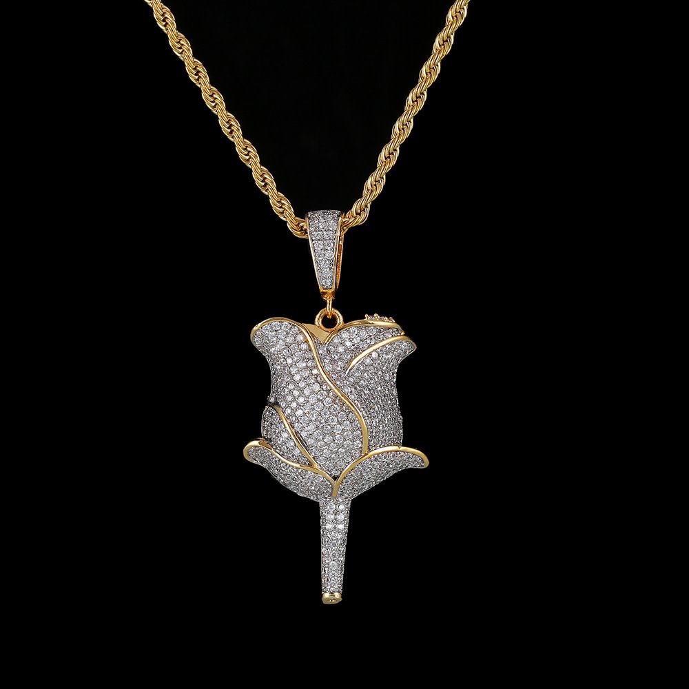 Iced Out Rose Flower Petals Pendant Necklace Cubic Zircon-VESSFUL
