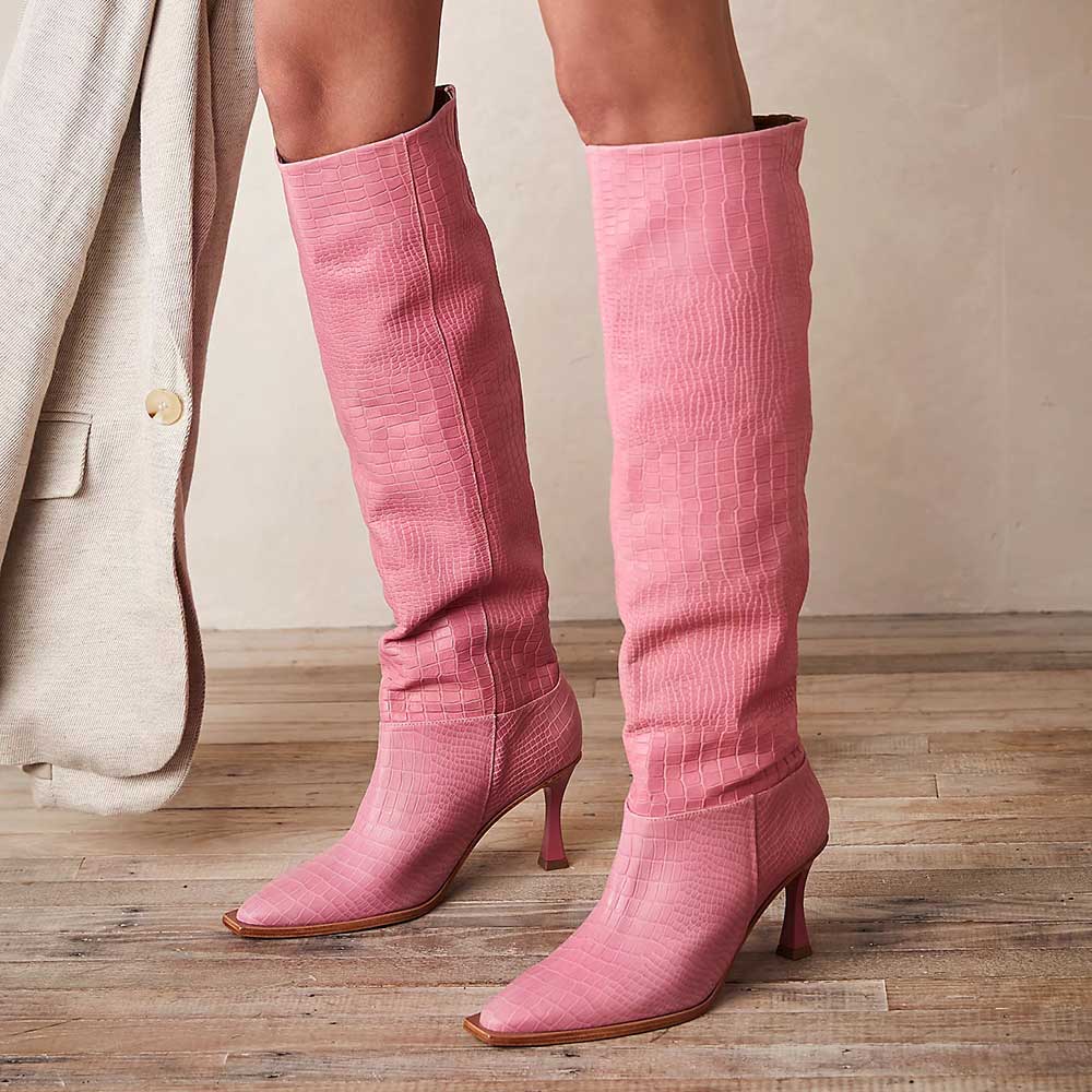 Pink Snip Toe 3'' Kitten Heel Wide Calf Croc Embossed Knee High Boots Nicepairs
