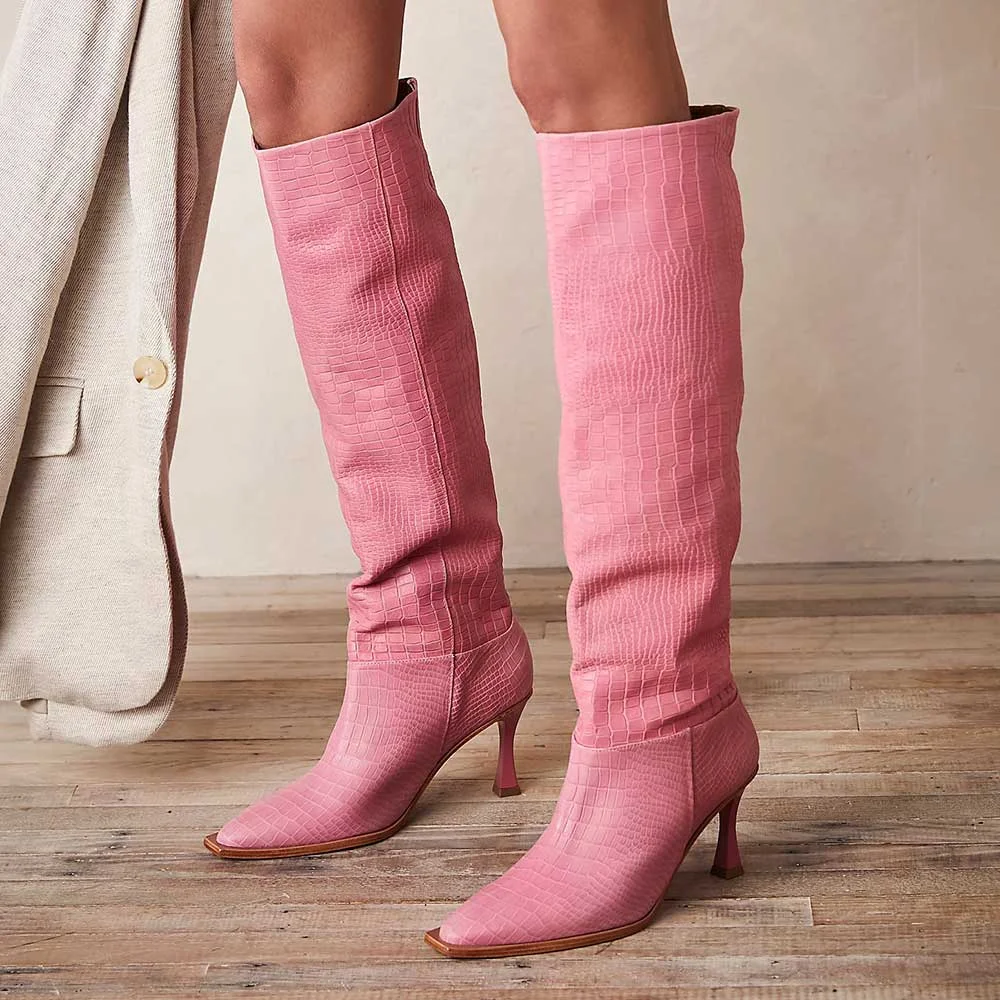 Pink Snip Toe Wide Calf Croc Embossed Knee High Heeled Boots Nicepairs