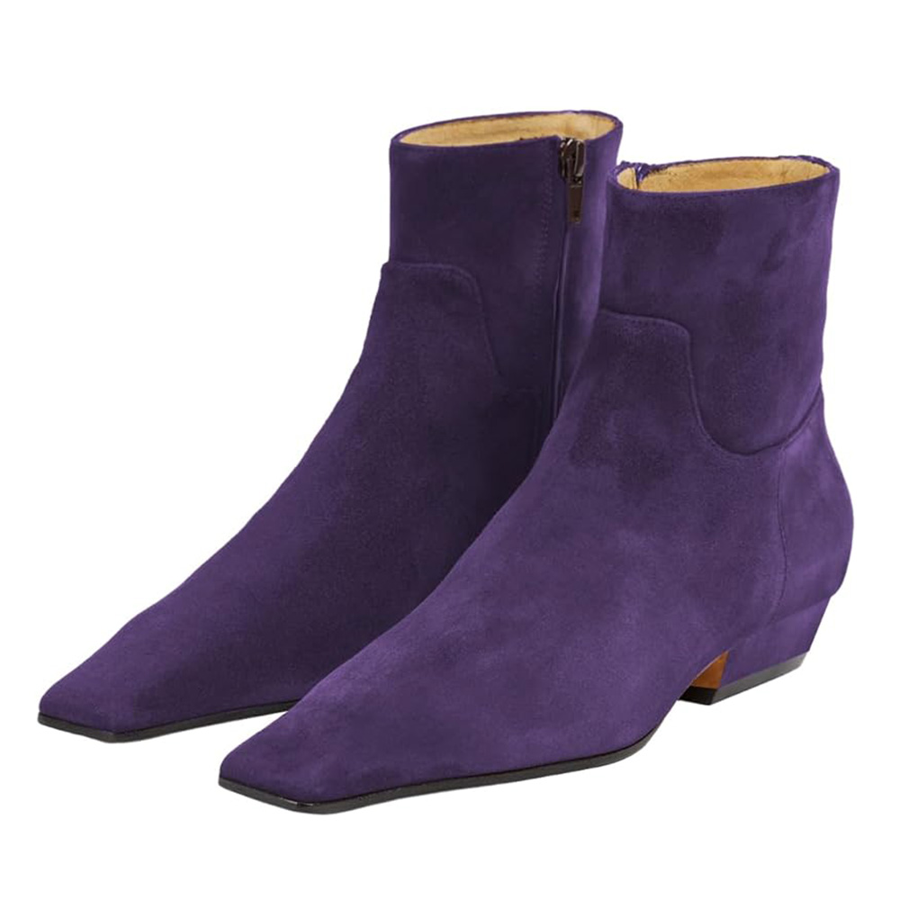 Purple Faux Suede Square Toe Side-Zip Closure Ankle Boots