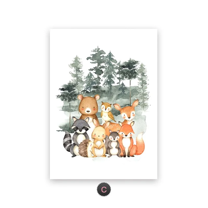 Custom Name Wall Posters Forest Animals Canvas Print Bear Fox Deer Painting Nursery Prints Nordic Wall Pictures Baby Room Decor