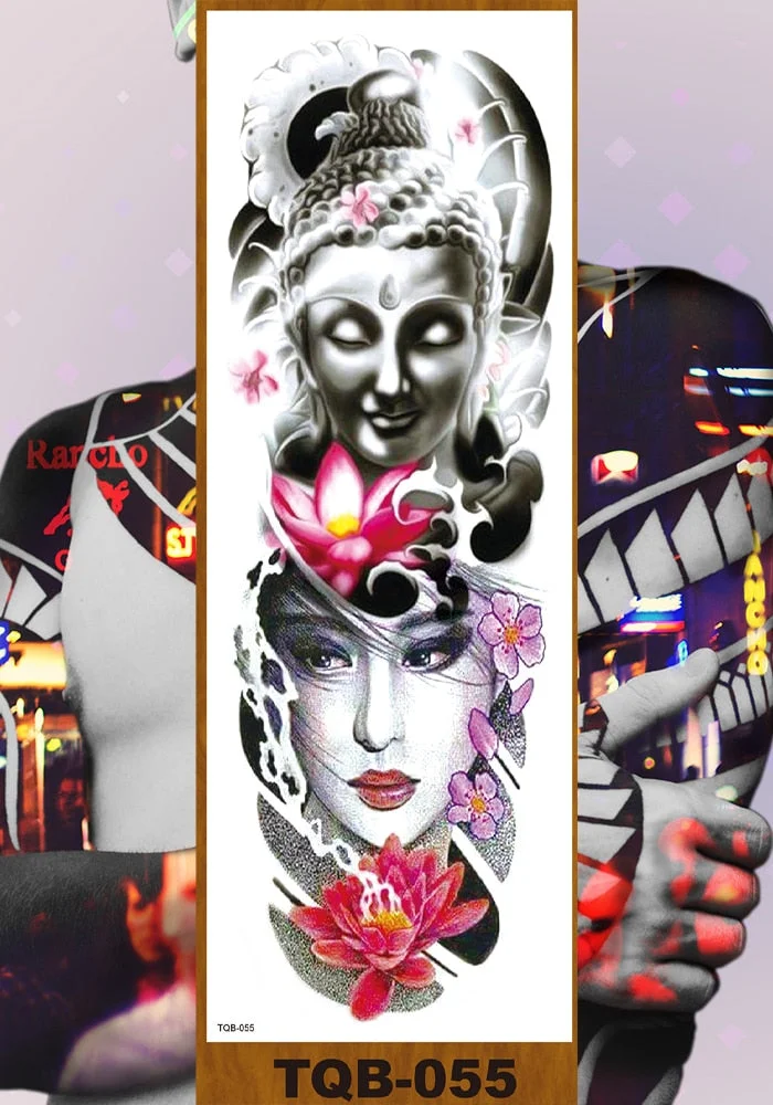 Full Flower Arm Temporary Tattoos Stickers Man Woman Girls Body Leg Fake Tatoo Buddha Bodhisattva Valkyrie Warrior Goddess DIY