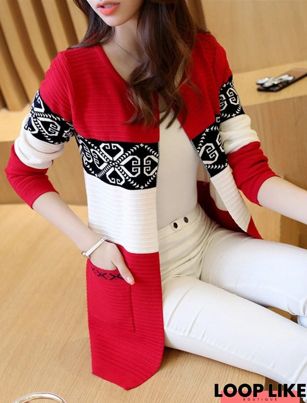 Color Block Printed Patch Pocket Cardigan