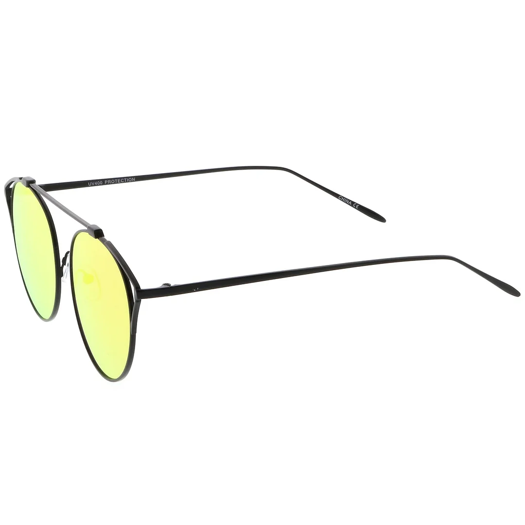 Modern Metal Cutout Cat Eye glasses With Crossbar Round Mirrored Flat Lens 55mm