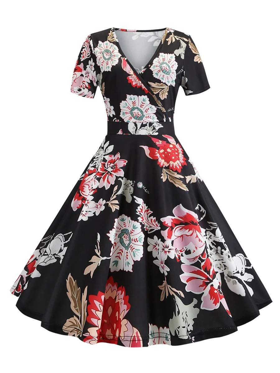 1950s Dress Deep V-neck Short-sleeved Floral Dress