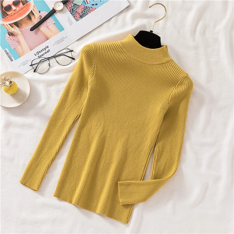 Zoki Autumn Women Pullover Sweater Half Turtleneck Long Sleeve Knitted Jumper Winter Elastic Solid Basic Ladies Blouse New 2021