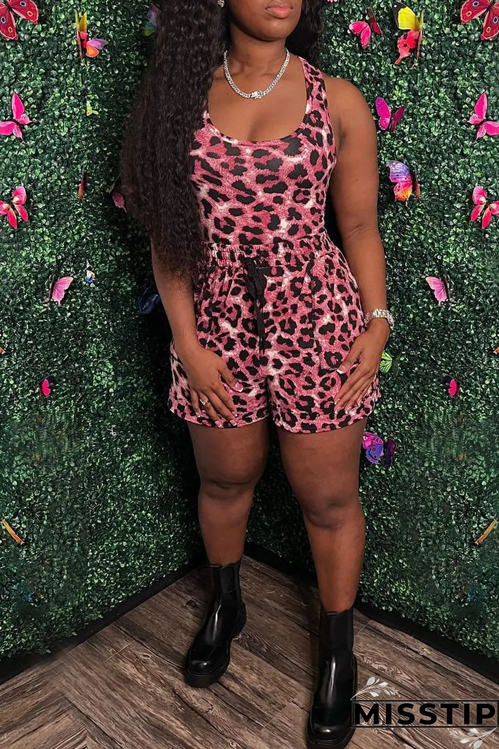 Brown Sexy Casual Print Leopard Basic U Neck Sleeveless Two Pieces