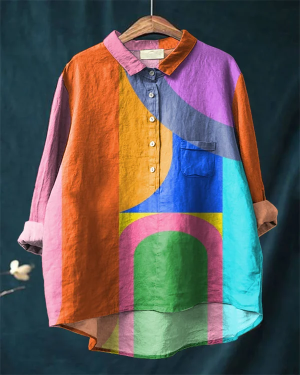 Vintage Color Block Art Cotton and Linen Shirt