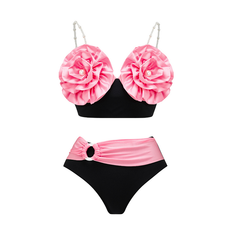 3D Flowers Color Contrast Detachable Pearl Shoulder Strap Bikini Swimsuit and sarong