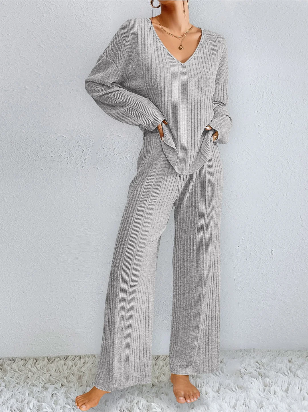 Women's Long Sleeve V-neck Solid Color Two-Piece Set