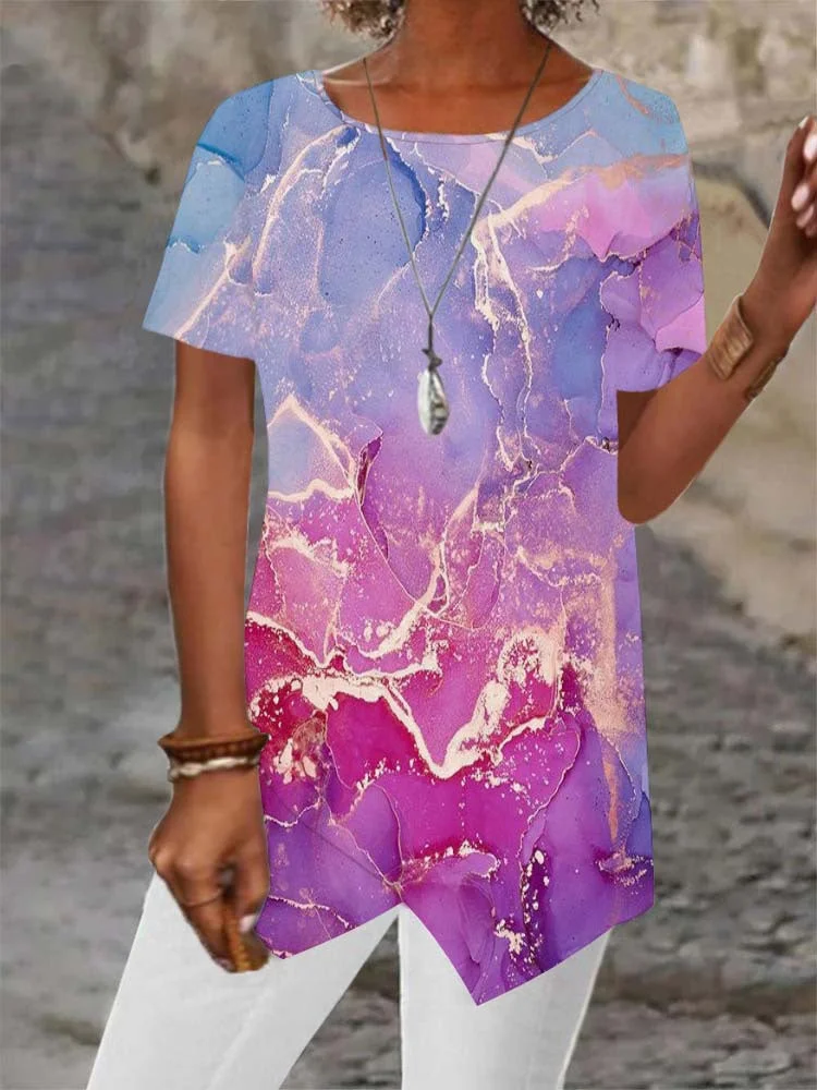 Women Asymmetrical Short Sleeve Scoop Neck Striped Printed Top