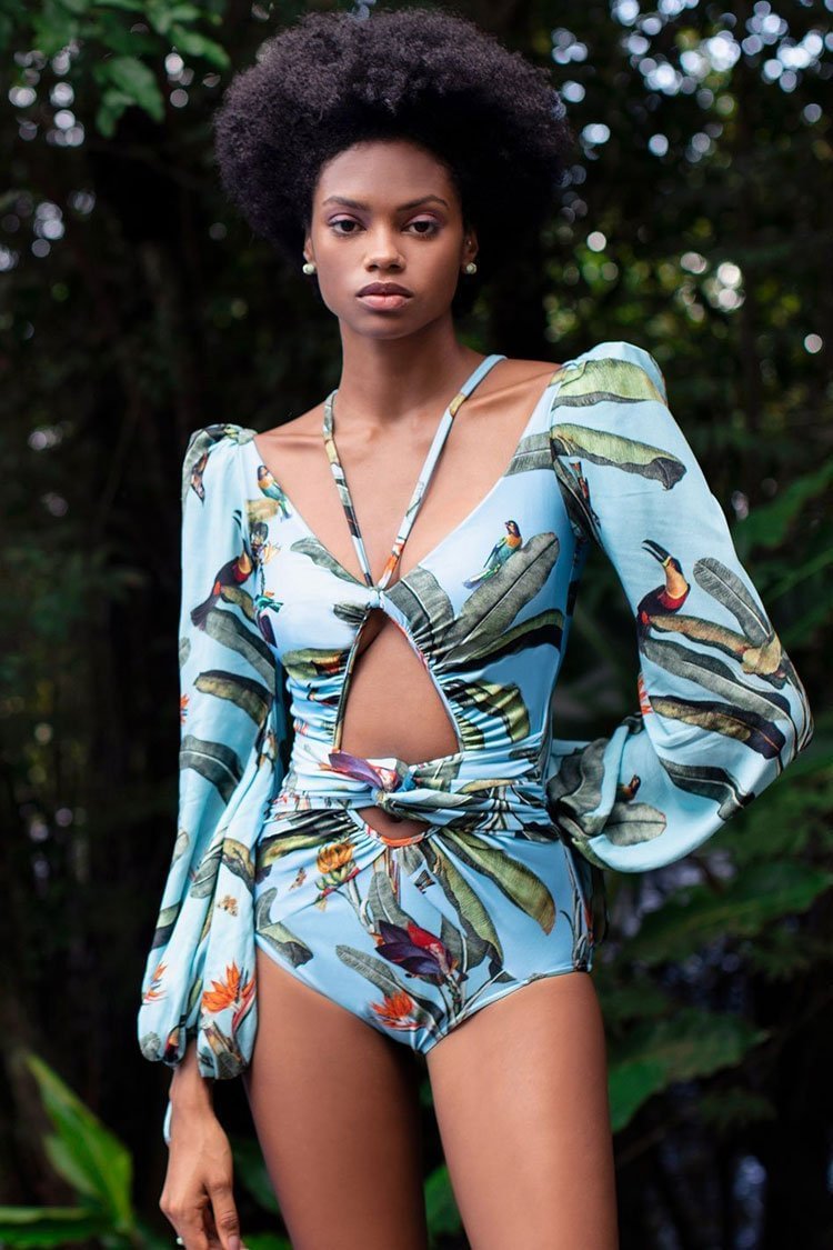 Puff Sleeve Tropical Print Cutout V Neck One Piece Swimsuit-elleschic