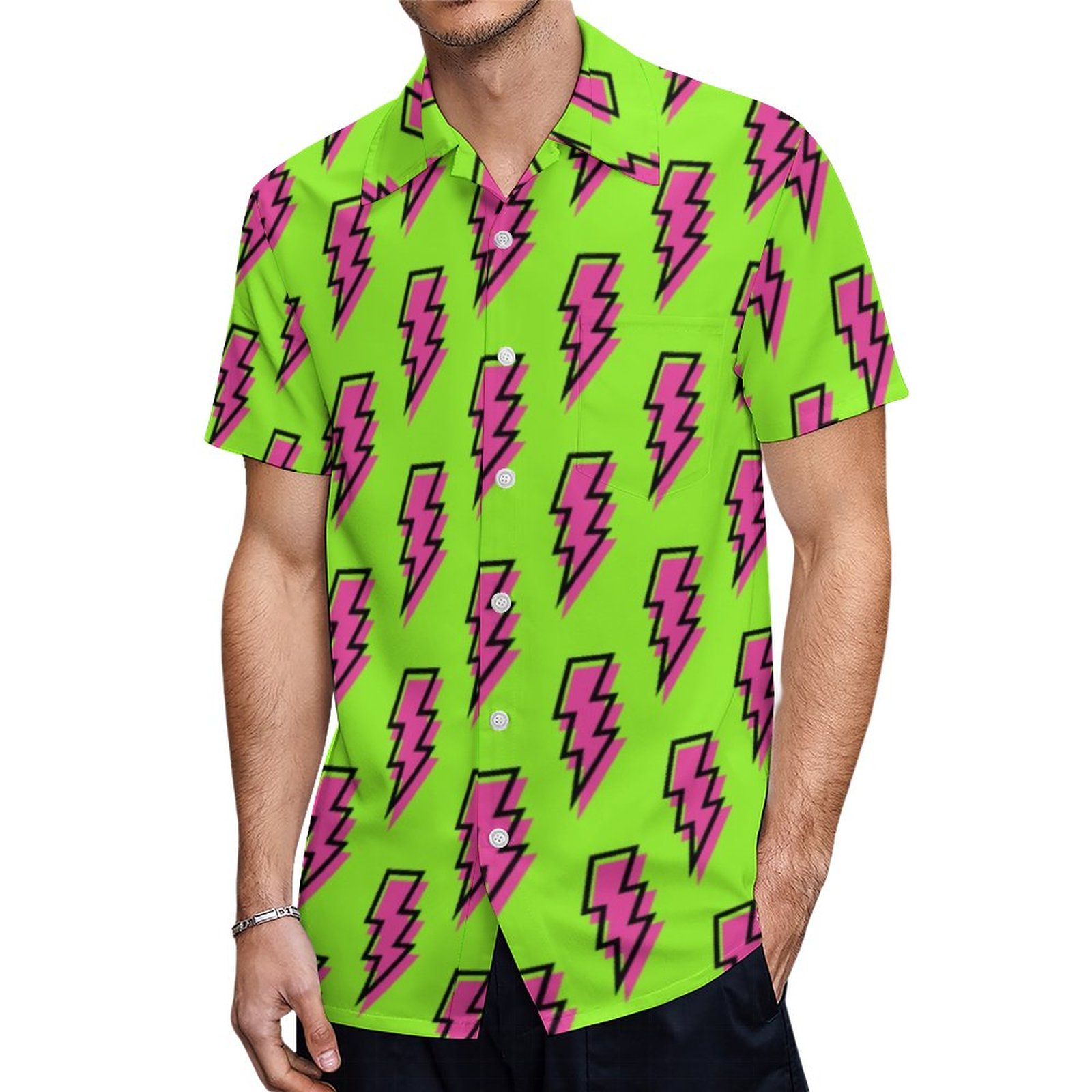 80S 90S Neon Green Pink Lightning Bolt Pattern Hawaiian Shirt Mens Button Down Tropical Hawaii Beach Shirts