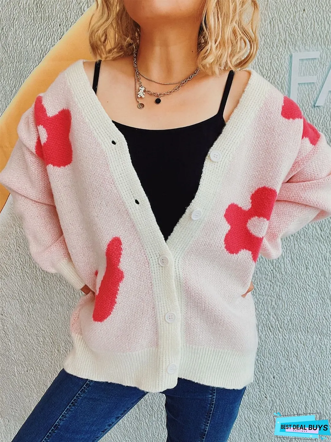 Flower Button Down V-Neck Long Sleeve Cardigan