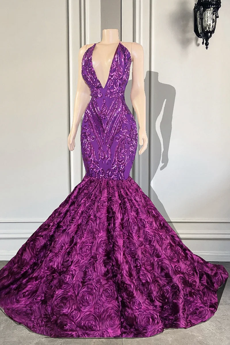 Purple Elegant V Neck Mermaid Long Evening Dress Beadings Floral Sleeveless | Ballbellas Ballbellas