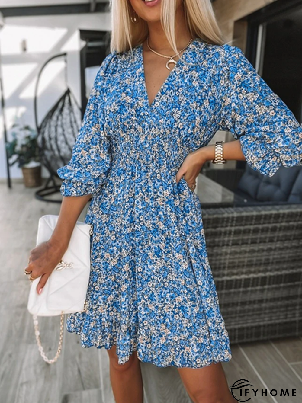 Floral V neck Casual Half sleeve Dress | IFYHOME