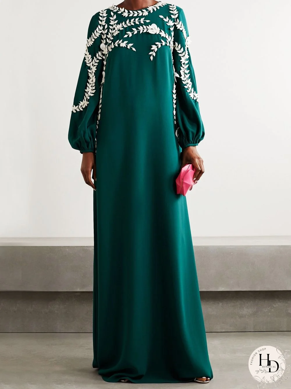 Dark-Green Shoulder Decor Puff Sleeve Formal Dress