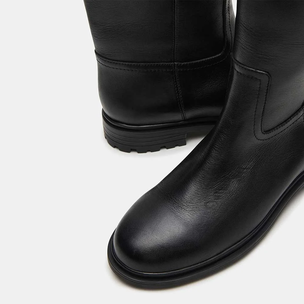 Black Faux Leather Round Toe Low Chunky Heel Short Boots for Women