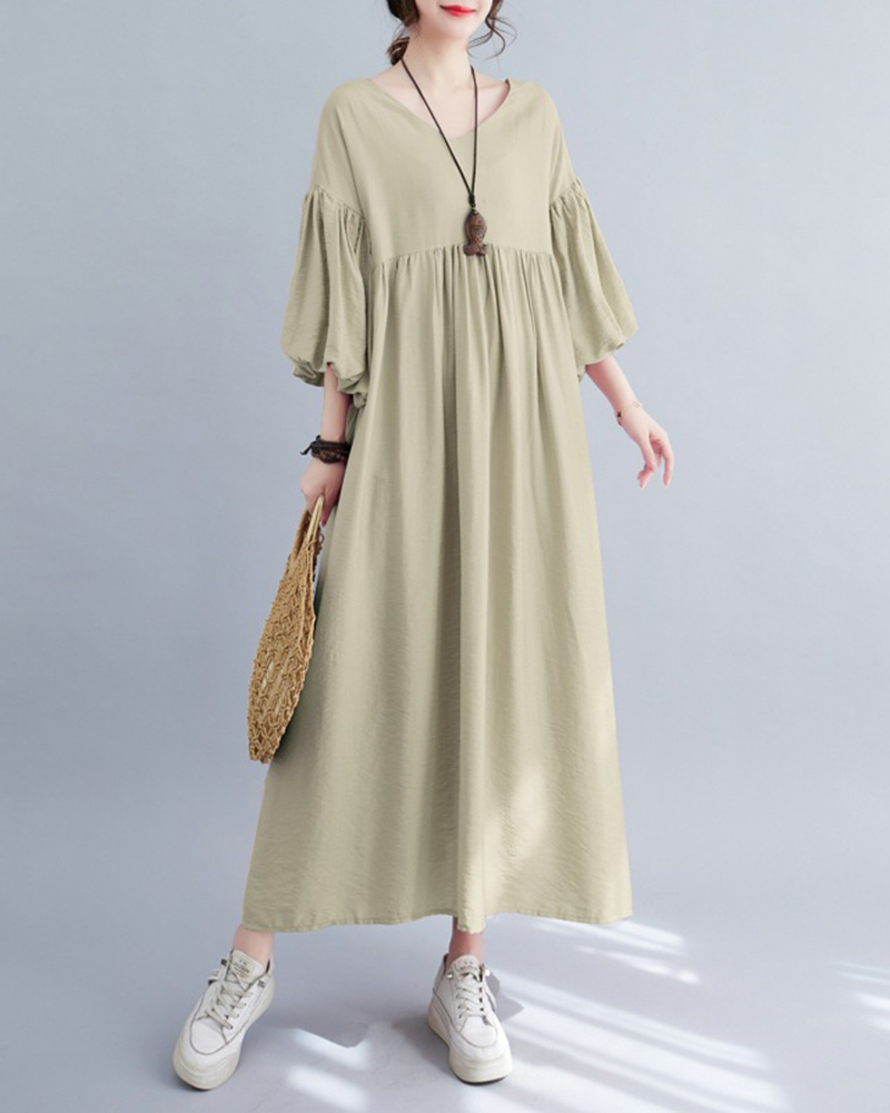 V Neck Flared Sleeve Simple Loose Maxi Dress