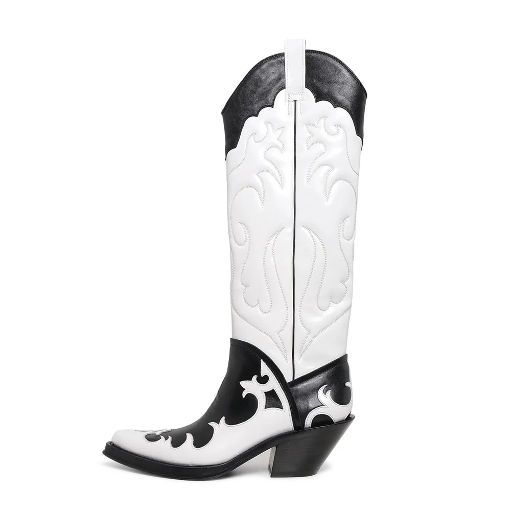 Black & White Chunky Heel Pull On Stitching Women's Western Boots
