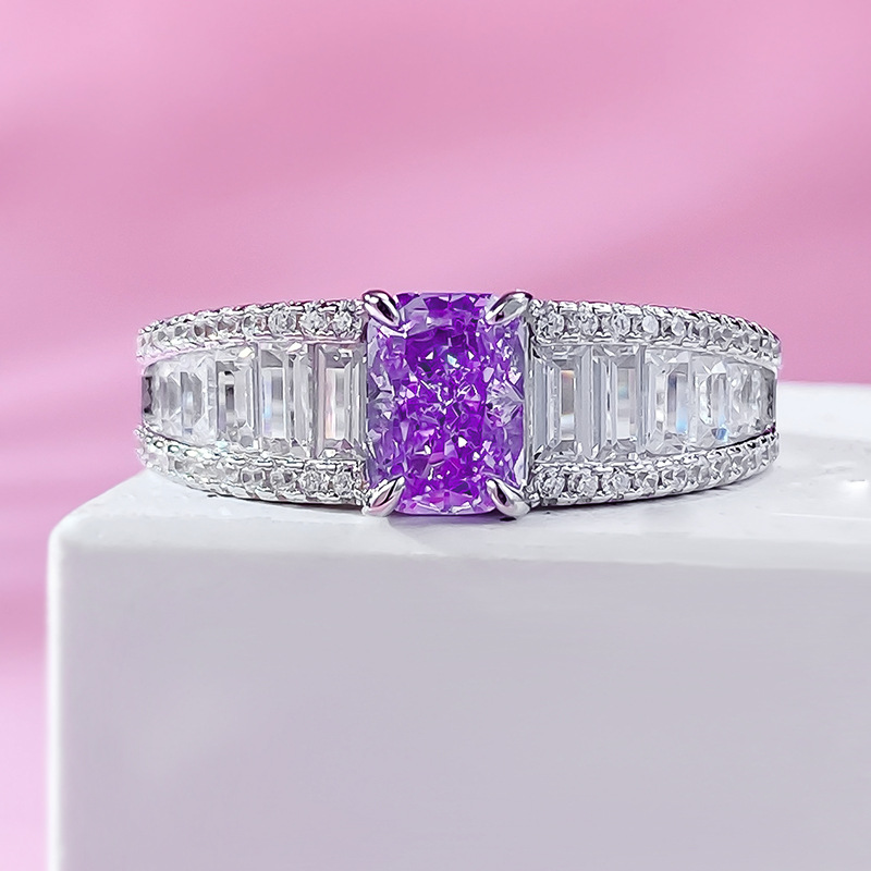 MIKAMU Jewelry Lavender Purple S925 Silver 5*7 Radiant Cut Ring - Luxurious Micro-Set Design for Daily Wear and Weddings