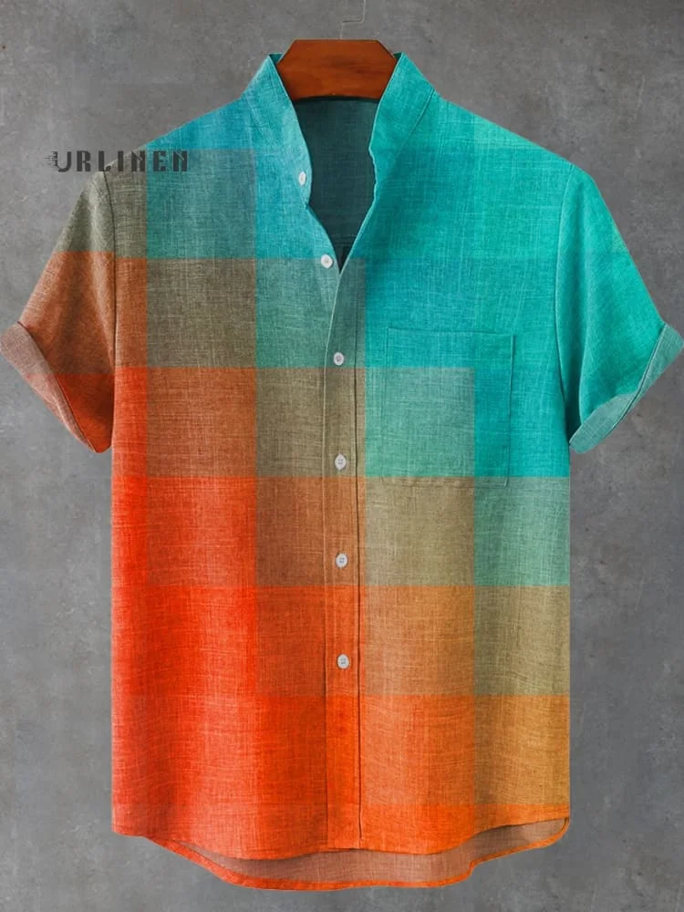 Simple Splicing Color Vintage Print Casual 100% Cotton Shirt