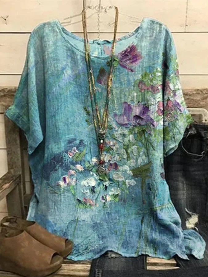 Women's Fashion Color Printing Casual Loose Round Neck Short Sleeve T-Shirt