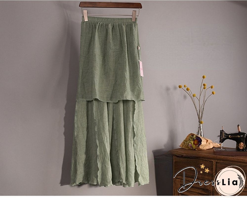 Women Cotton Linen Pleated Maxi Skirt Elastic Waist Vintage Solid Color Boho Beach Spring Summer Pleated Maxi Skirt