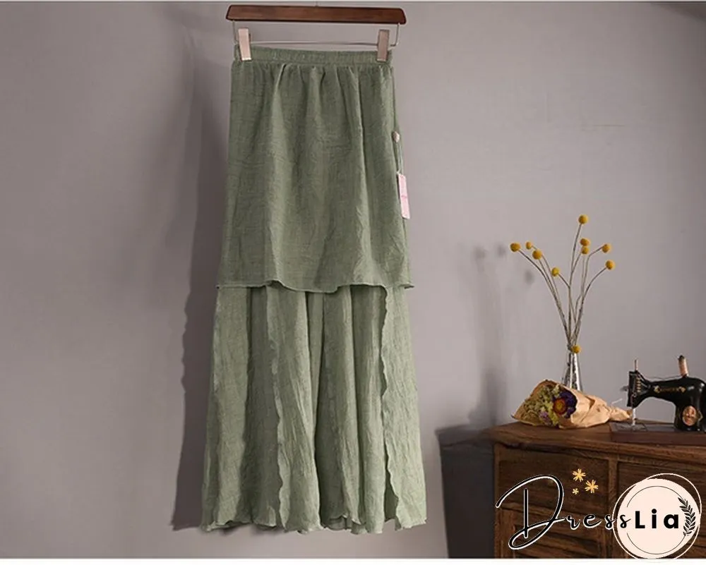 Women Cotton Linen Pleated Maxi Skirt Elastic Waist Vintage Solid Color Boho Beach Spring Summer Pleated Maxi Skirt
