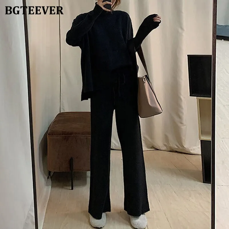 BGTEEVER Winter 3 Pieces Sweater Set Women Half Turtleneck Vest & O-neck Pullovers & Lace-up Loose Pants 2020 Female Knitted Set