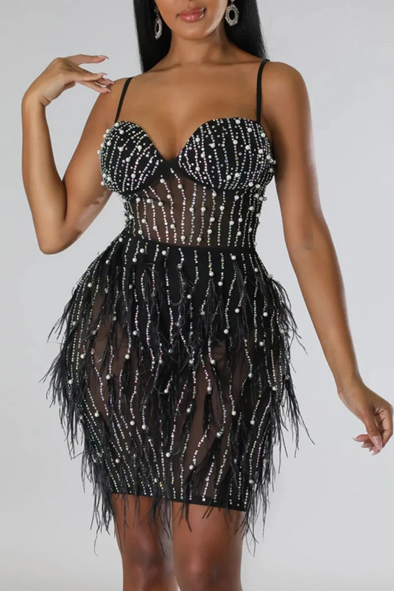 Sexy Patchwork Hot Drilling See-through Feathers Backless Spaghetti Strap Sleeveless Dress Dresses