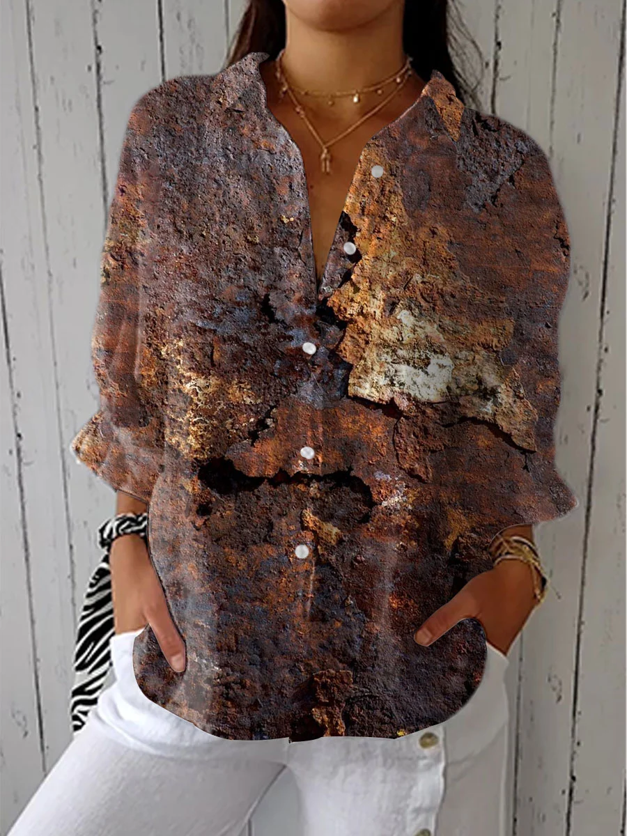 Women's  Vintage  Aged Rust Print Casual Linen V-neck Shirt