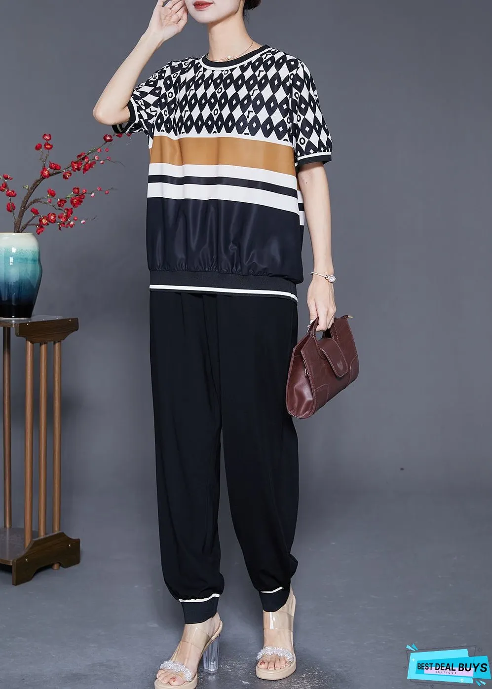 Stylish Black Oversized Print Chiffon Two Pieces Set Summer