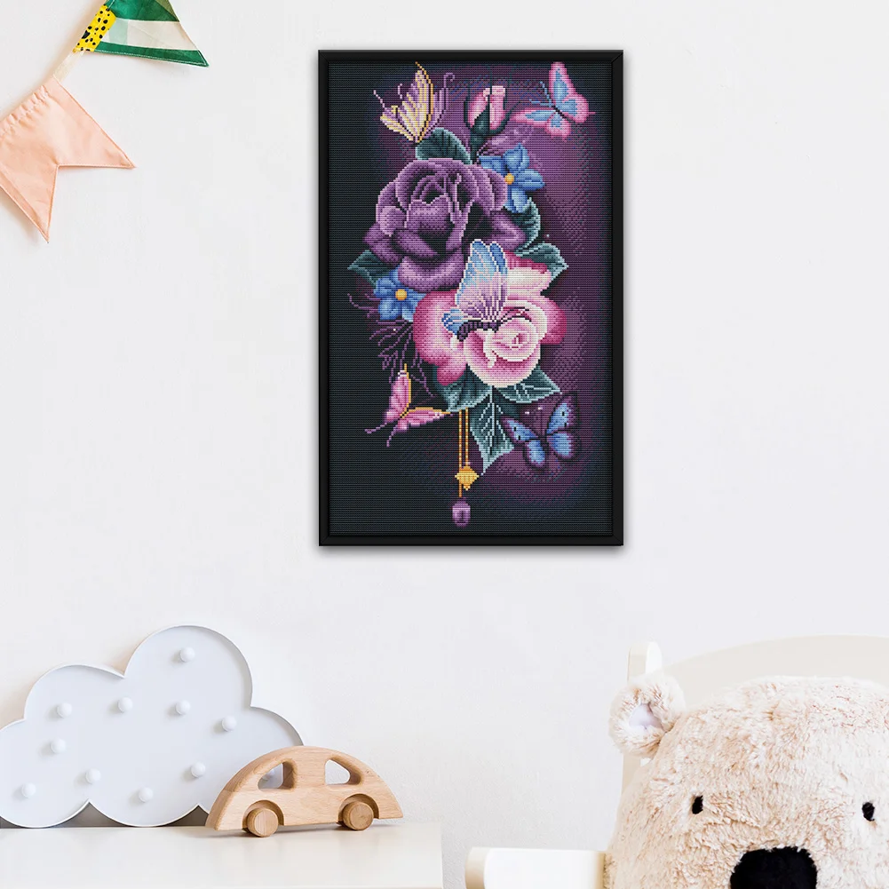 DIY Stamped Cross Stitch 11CT Embroidery 36*56cm - Rose Butterfly