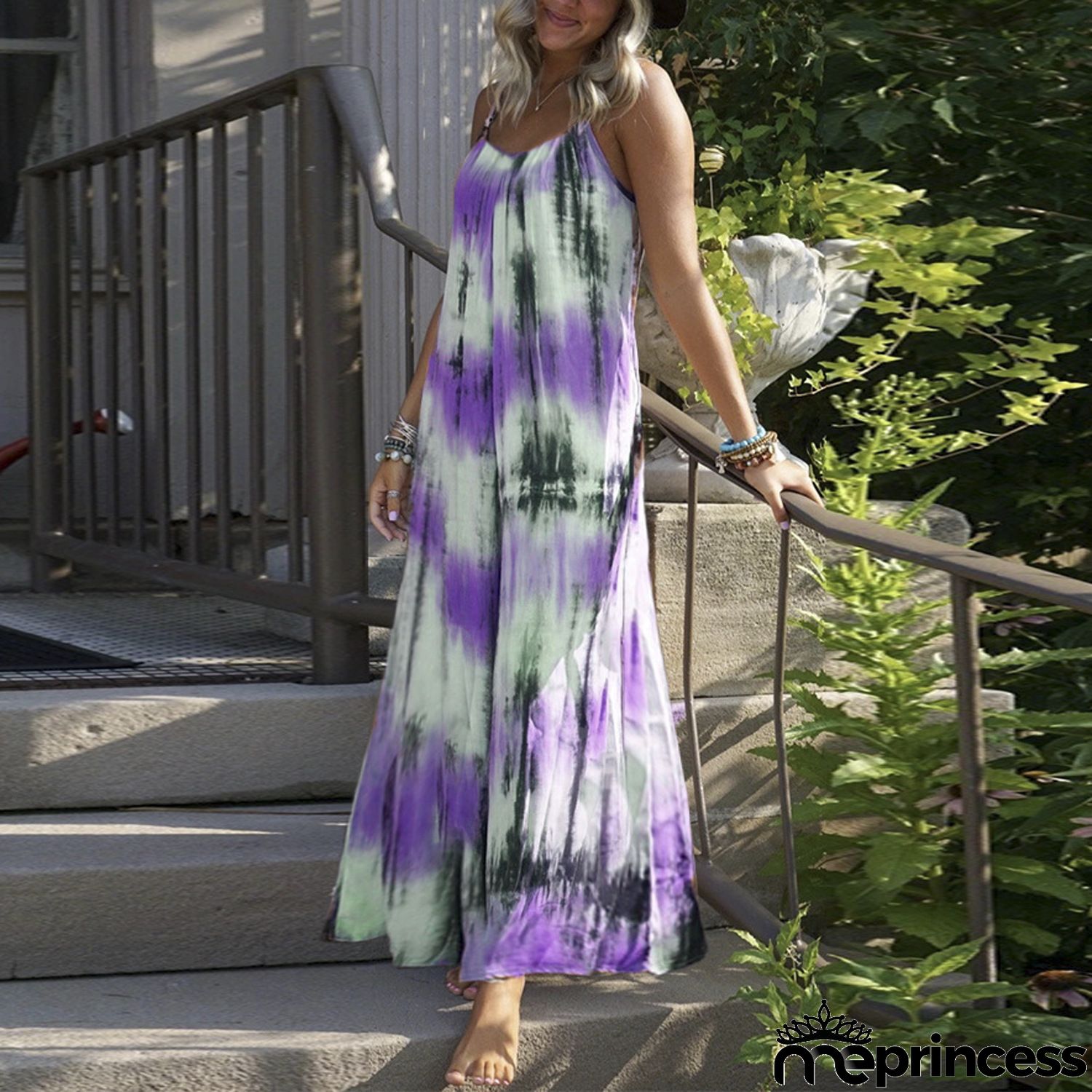 Women Casual Summer Vacation Tie Dye Print Loose Maxi Dress