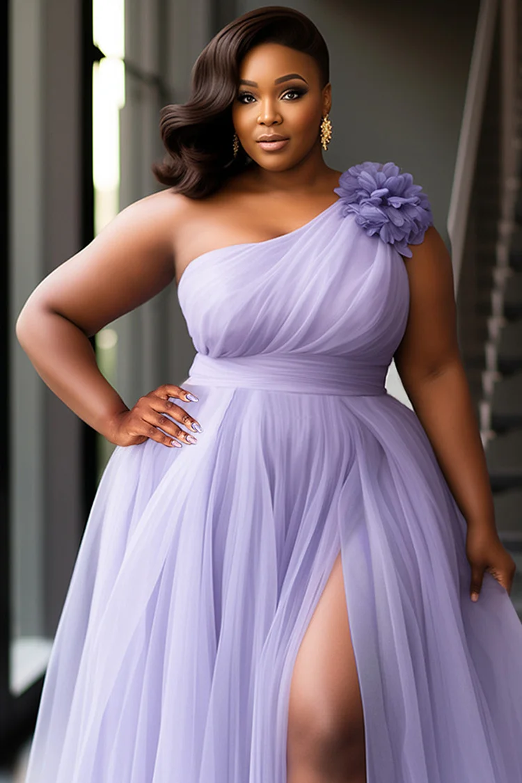 Xpluswear Design Plus Size Prom Purple Elegant Oblique Collar 3D Split Tulle Maxi Dresses [Pre-Order]