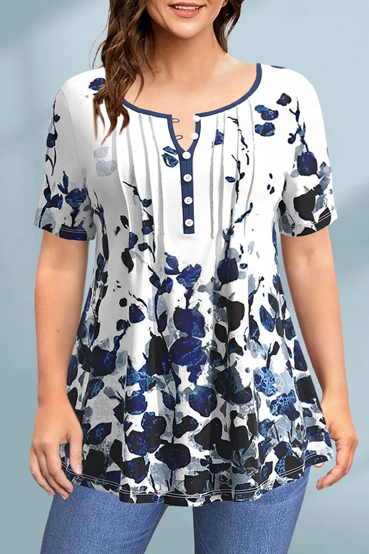 Flycurvy Plus Size Casual Navy Blue Plant Print Button Pleated Blouse  Flycurvy [product_label]