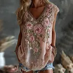 Women's Rose Embroidery Art Comfy Linen Tank Top - Image 2