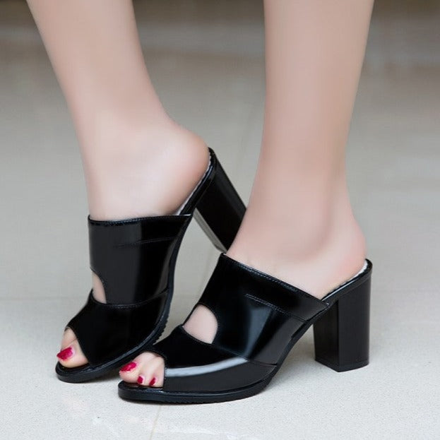 Women's peep toe slip on chunky high heels mules PU patent leather backless heels