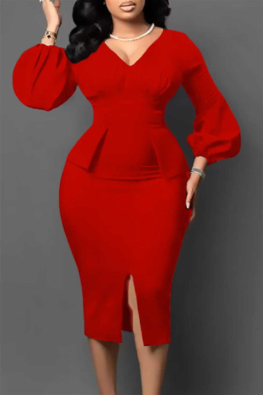 V-Neck Bubble Sleeve Split Dress