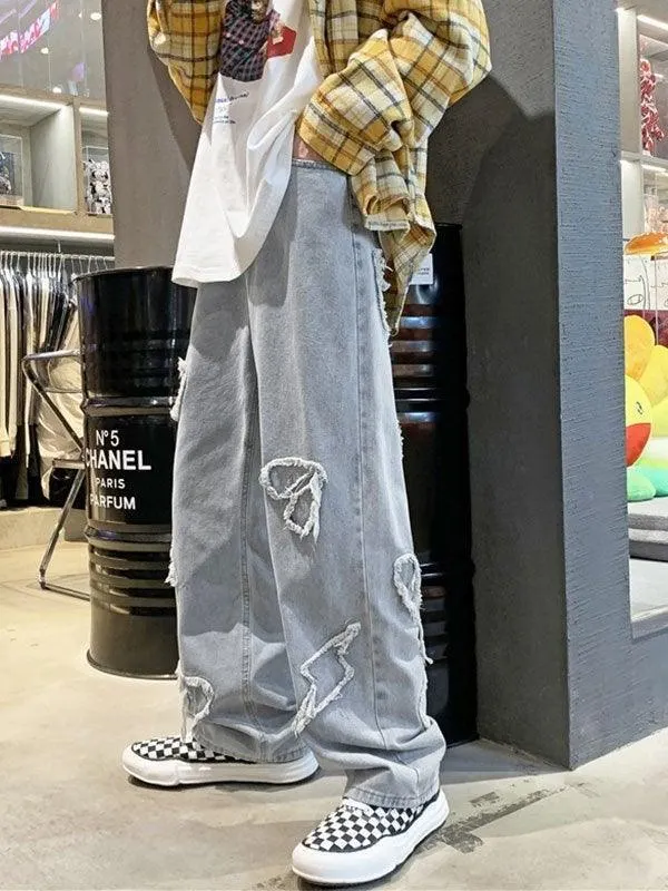 Brownm Men's Heart Patched Straight Leg Jeans